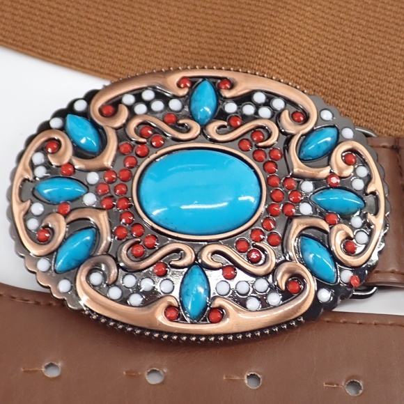 Southwestern Style Turquoise Blue Coral Red Copper Belt Buckle Brown Stretch XL - Picture 10 of 15